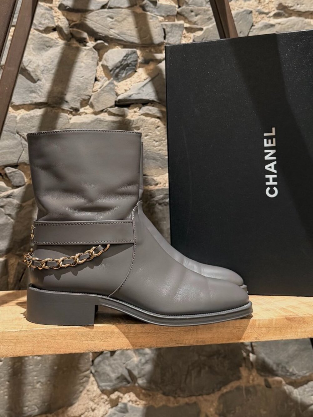 Chanel FW22 Grey Leather CC Chain Accent Short Moto Boots